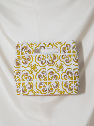 Italian Tile Print Handle Pouch in Yellow & Gold