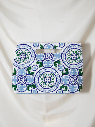Italian Tile Print Handle Pouch in Blue & Green
