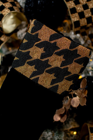 Houndstooth Black & Gold Beaded Cuff Stocking