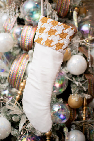 Houndstooth White & Gold Beaded Cuff Stocking
