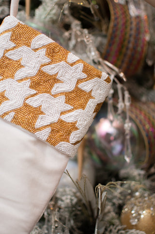 Houndstooth White & Gold Beaded Cuff Stocking