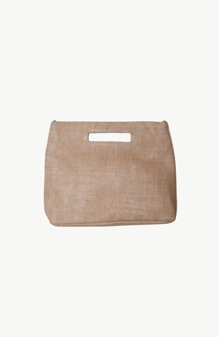 Beige woven back of handbag with a plain background